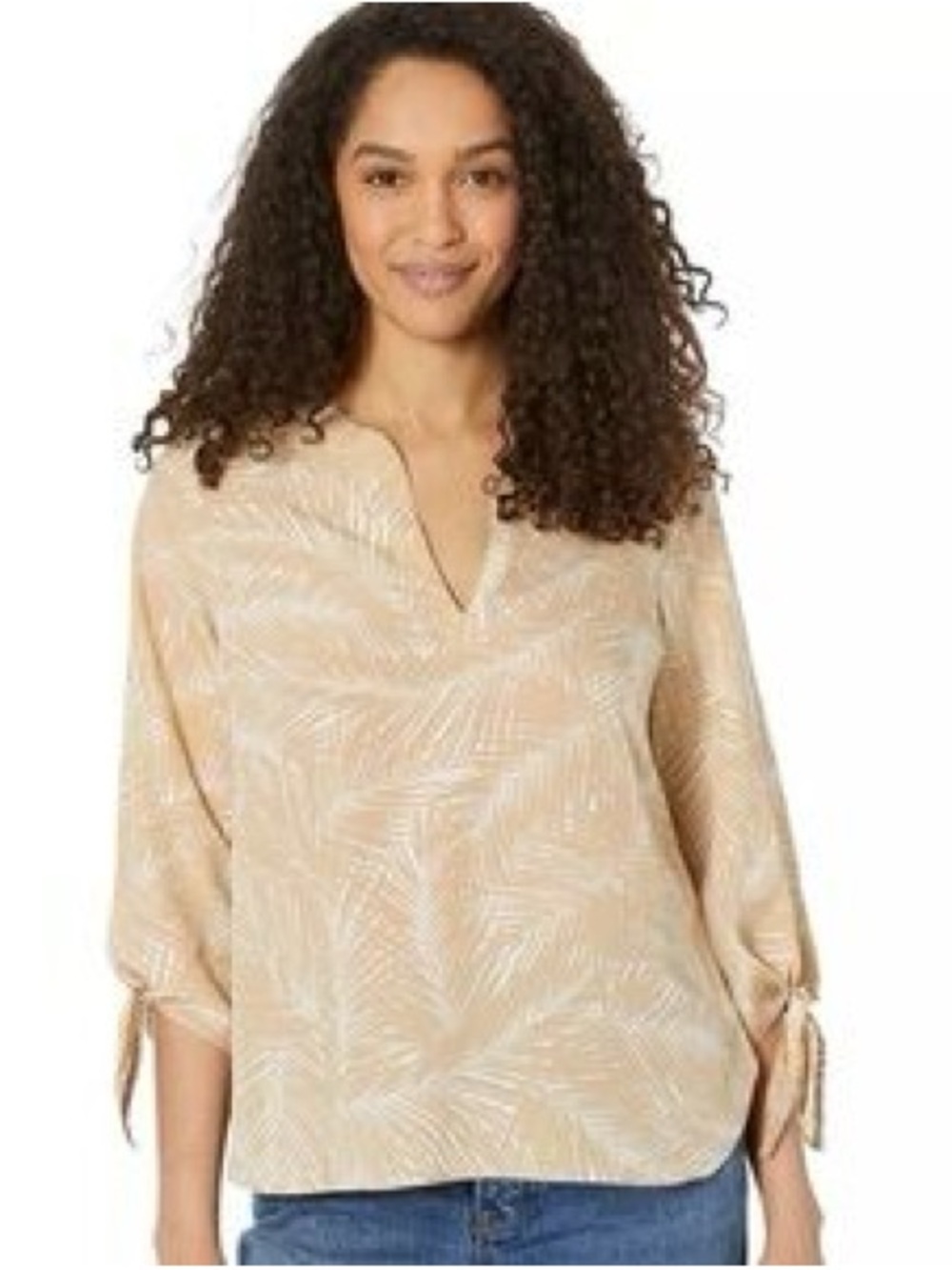 MICHAEL Michael Kors M Tan Palm Leaf Print Split Neck Tie Sleeve Top